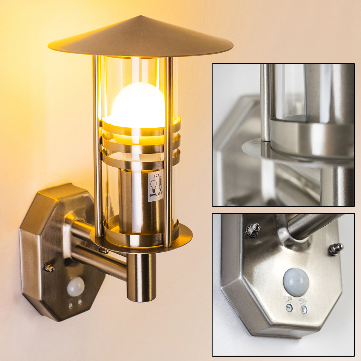 Eine an der Wand montierte Außenlampe mit silbernem Finish. Sie hat eine runde Glühbirne in einem Glaszylinder und einen Sensor.