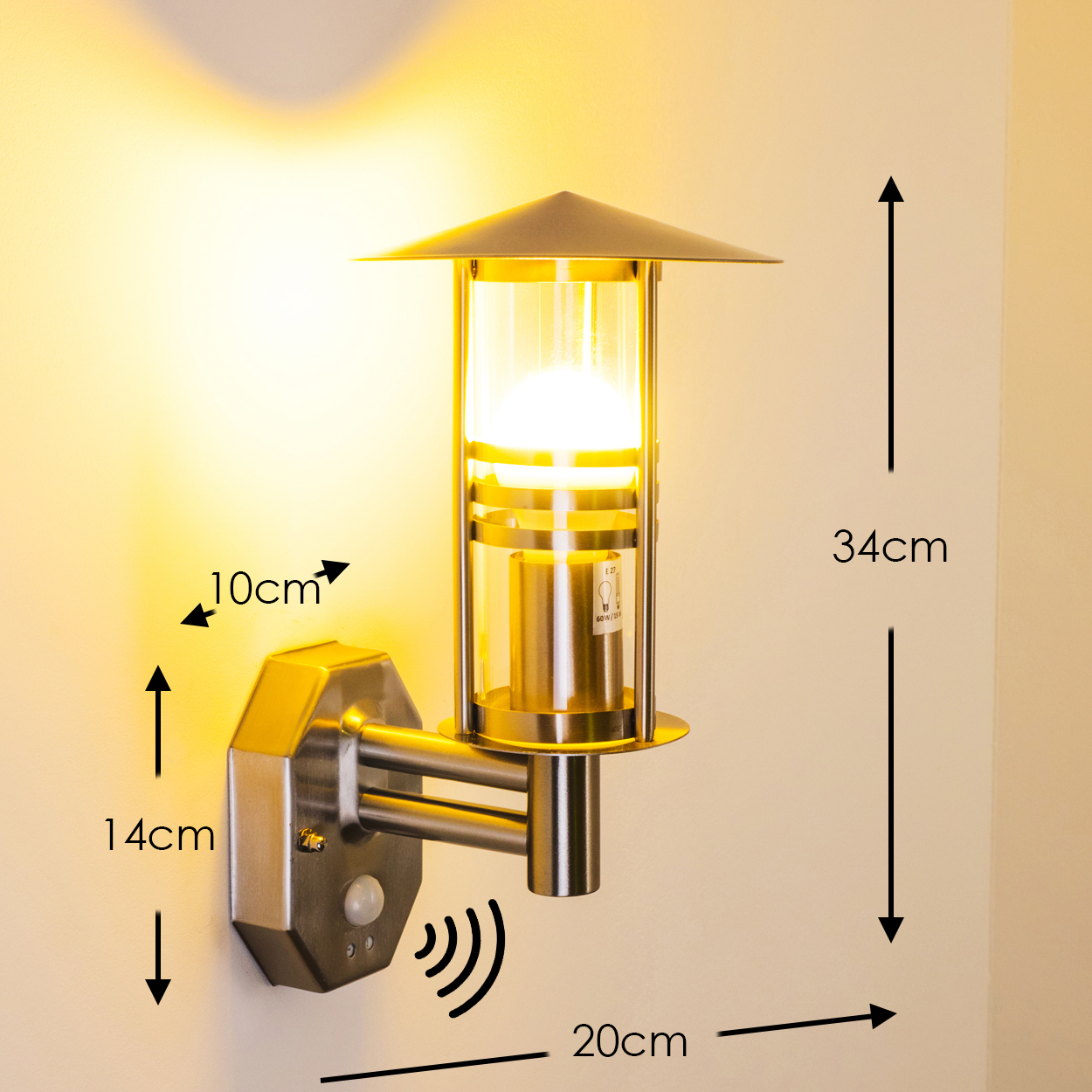 Eine Wand-Außenlampe mit Sensor. Sie hat einen zylindrischen Glasschirm mit einer Lichtquelle. Abmessungen sind angegeben.