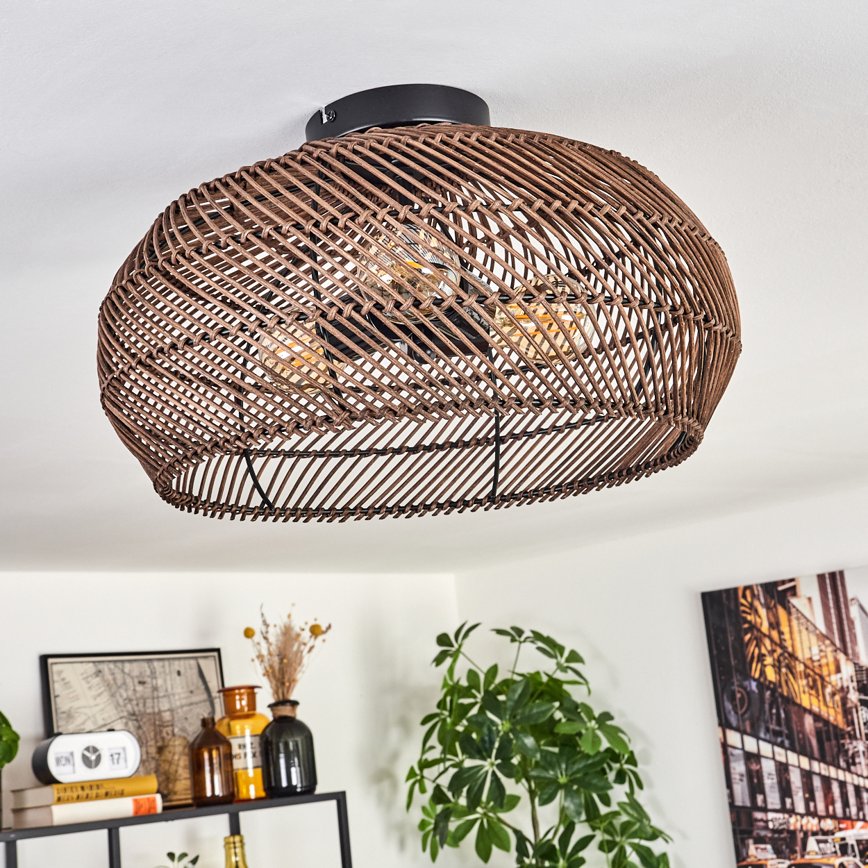 Eine braune Deckenlampe aus gewebtem Rattan hängt. Darunter sind ein Regal mit Dekoration und eine grüne Pflanze zu sehen.
