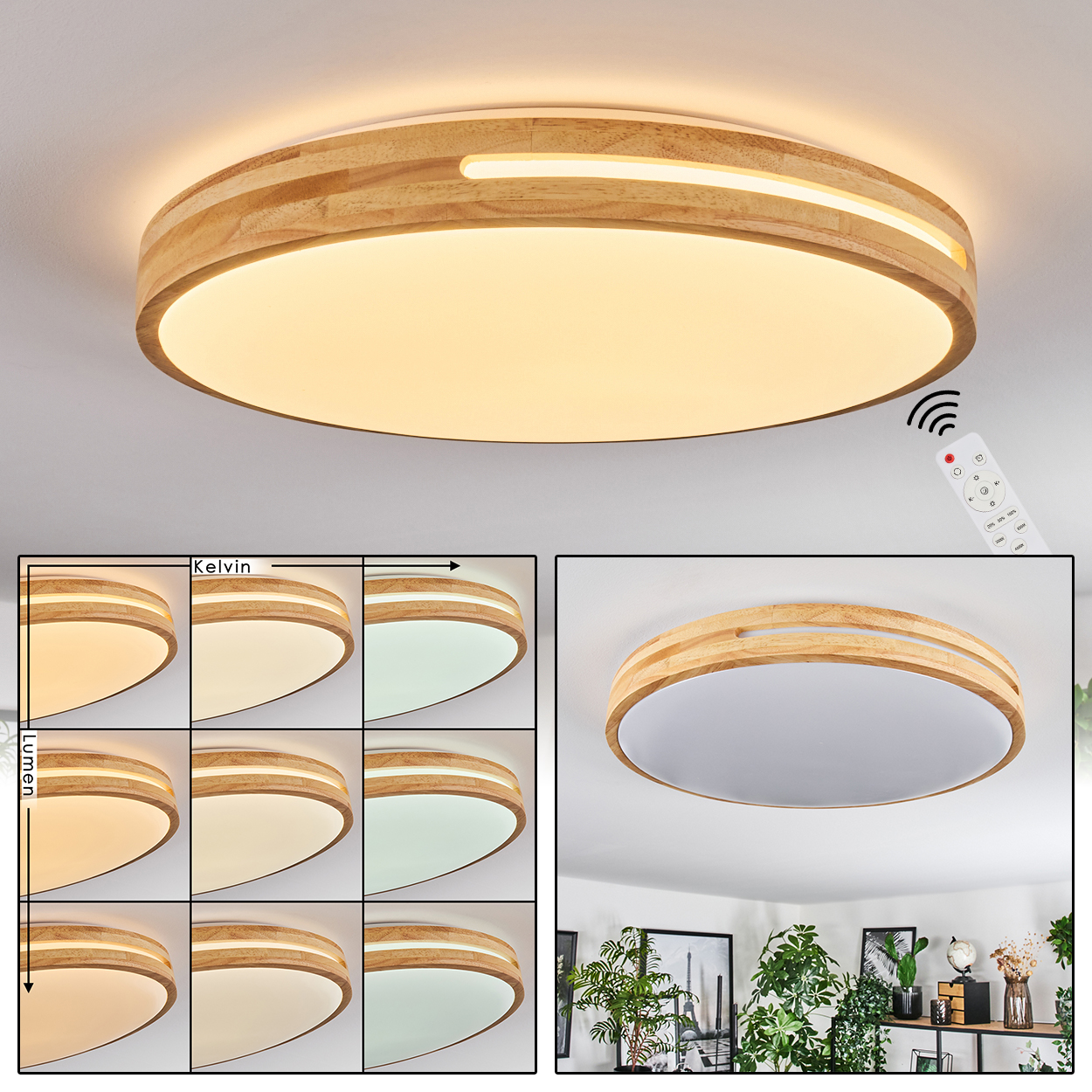 Eine Deckenlampe aus Holz mit Fernbedienung. Die Lampe hat einstellbares Licht und Farbe. Ein Raster zeigt verschiedene Lichteinstellungen. Pflanzen sind im Hintergrund.