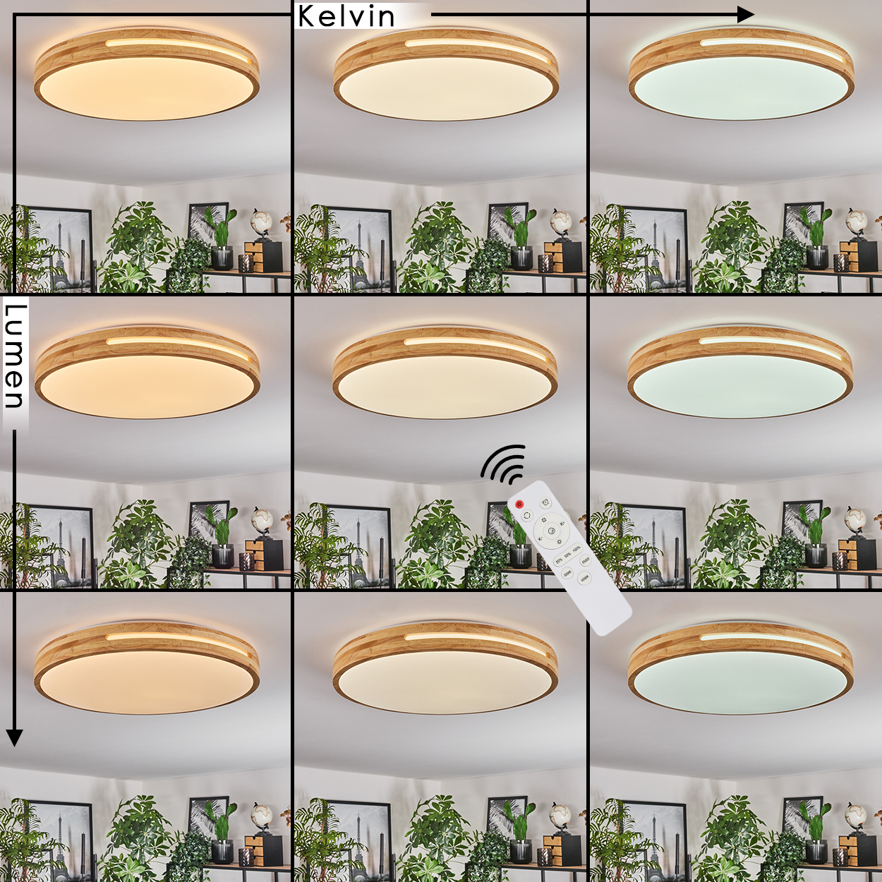 Neun Bilder einer Deckenleuchte mit einstellbaren Kelvin- und Lumen-Einstellungen. Die Leuchte hat einen Holzrahmen und eine Fernbedienung.