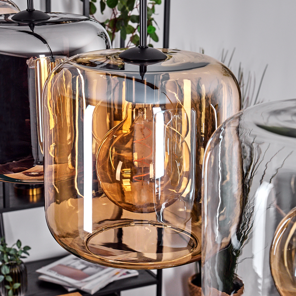 Drei Glas-Pendelleuchten mit sichtbaren Glühbirnen, warme Töne. Hintergrund ist eine Pflanze und ein dunkles Regal.