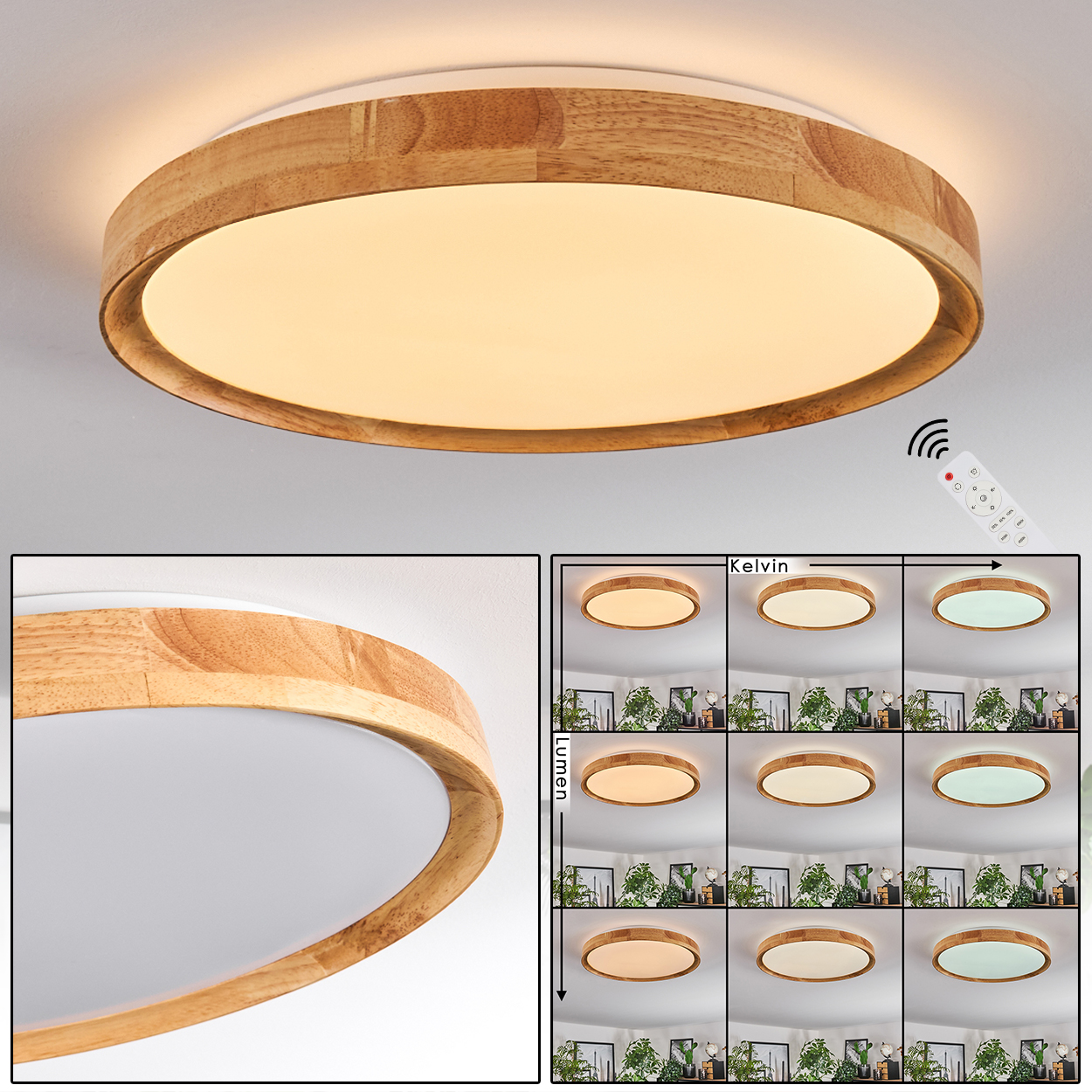 Eine Deckenleuchte mit Holzrahmen. Rechts ist eine Fernbedienung. Darunter werden Variationen der Farbe und Helligkeit des Lichts gezeigt.