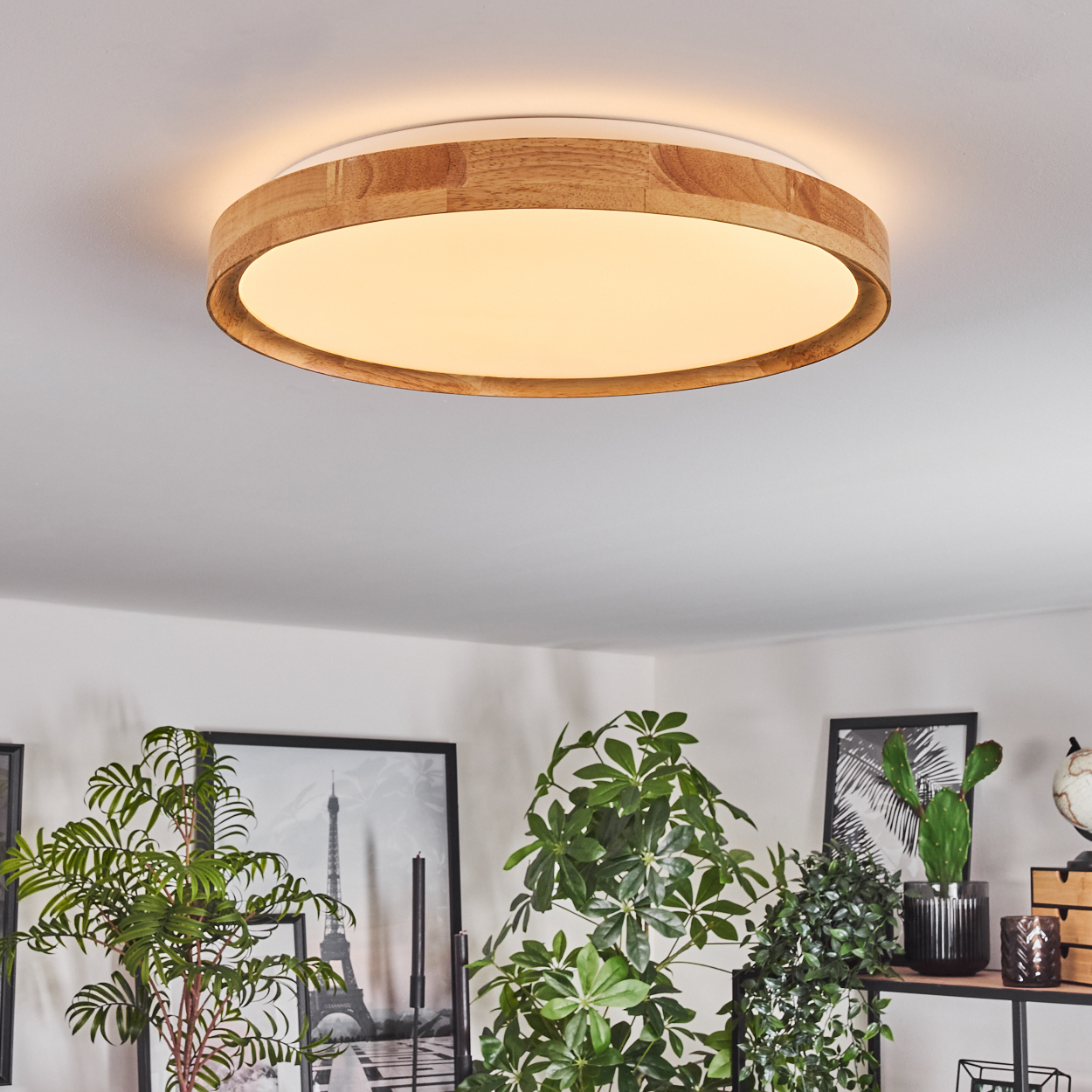 Eine runde Deckenlampe aus Holz leuchtet, umgeben von grünen Pflanzen und gerahmten Bildern an einer weißen Wand. Der Raum ist mit Pflanzen dekoriert.