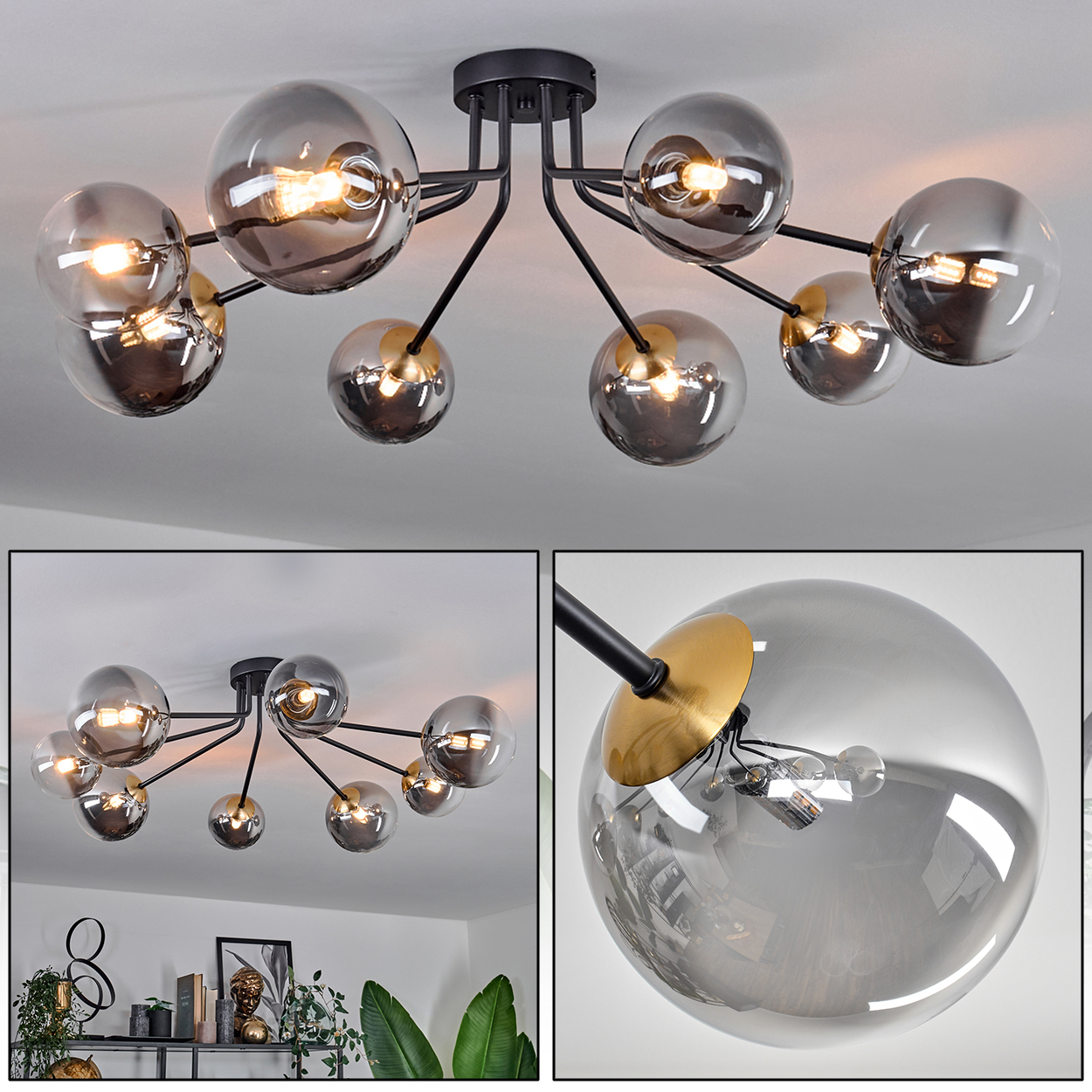 Moderne Deckenleuchte mit rauchgrauen Glaskugeln und schwarzen Metallarmen, an einer weißen Decke montiert.