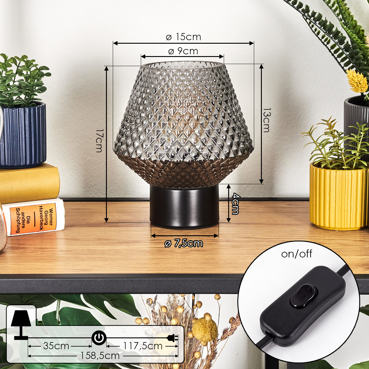 Eine dekorative Tischlampe mit rautenförmigem Glasschirm. Sie steht auf einer Holzoberfläche mit Pflanzen und einem Netzschalter.