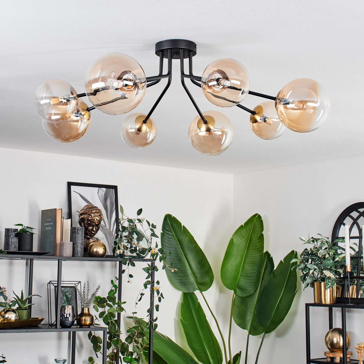 Eine moderne Deckenlampe mit Glaskugeln hängt über einem Raum mit Pflanzen und Dekoration auf Regalen. Eine große Blattpflanze ist im Vordergrund.