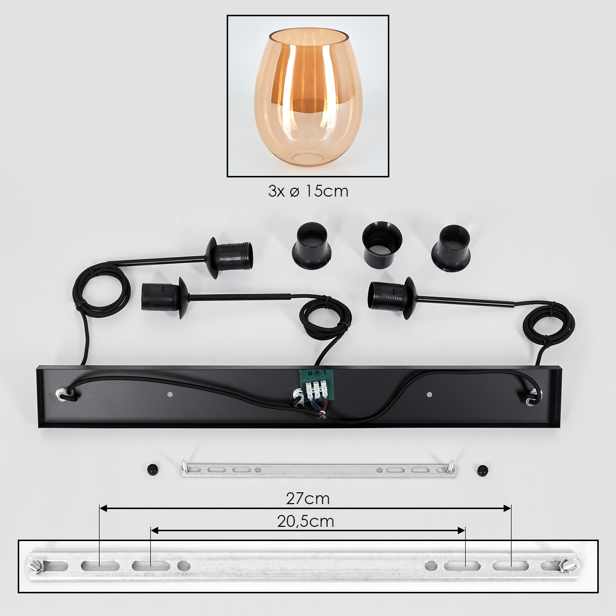 Draufsicht auf eine Leuchtenbaugruppe. Enthält Glasschirm, elektrische Komponenten und Befestigungsmaterial. Abmessungen sind angegeben.