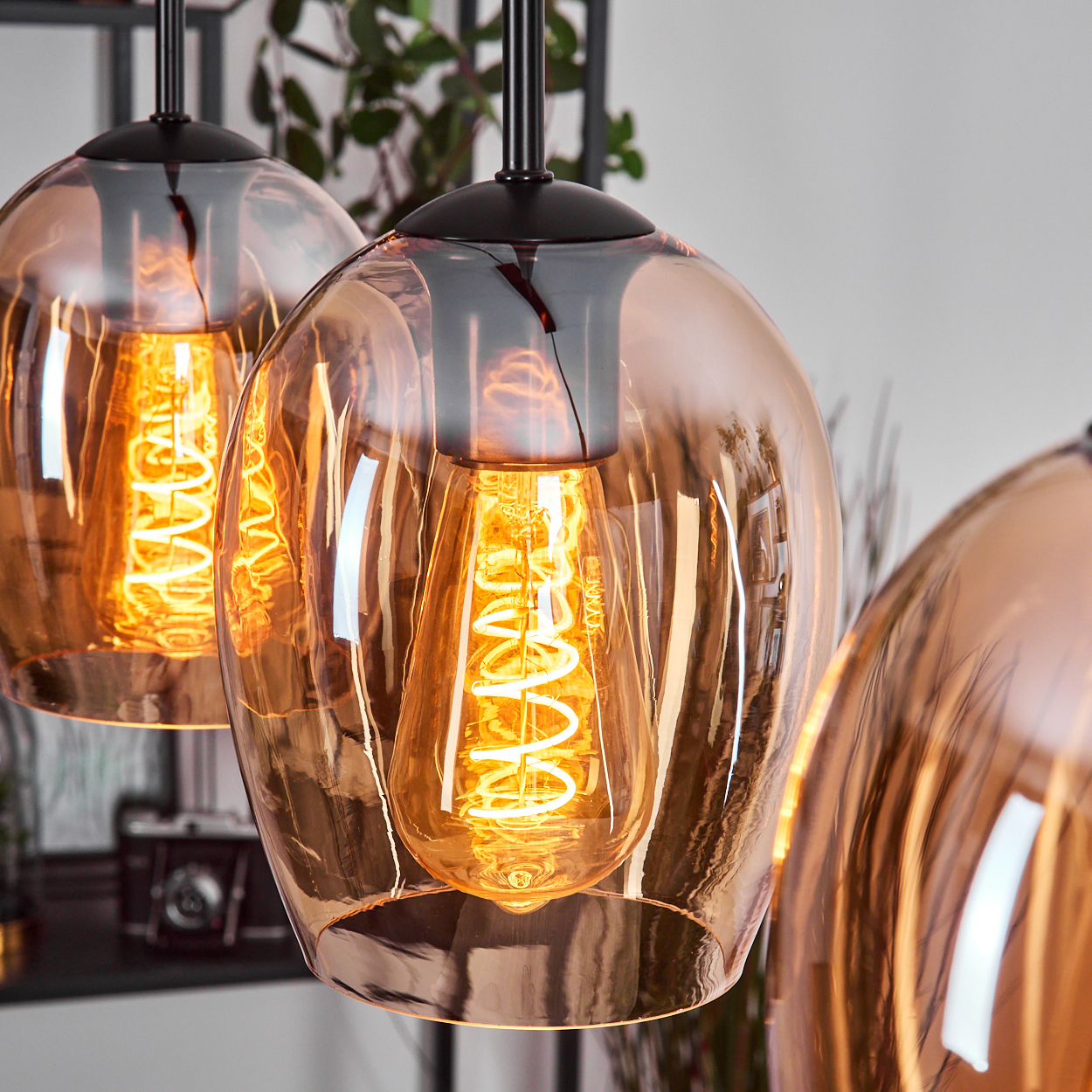 Drei Pendelleuchten mit bernsteinfarbenen Glasschirmen und freiliegenden, glühenden Edison-Glühbirnen. Im Hintergrund eine Pflanze und eine Kamera.