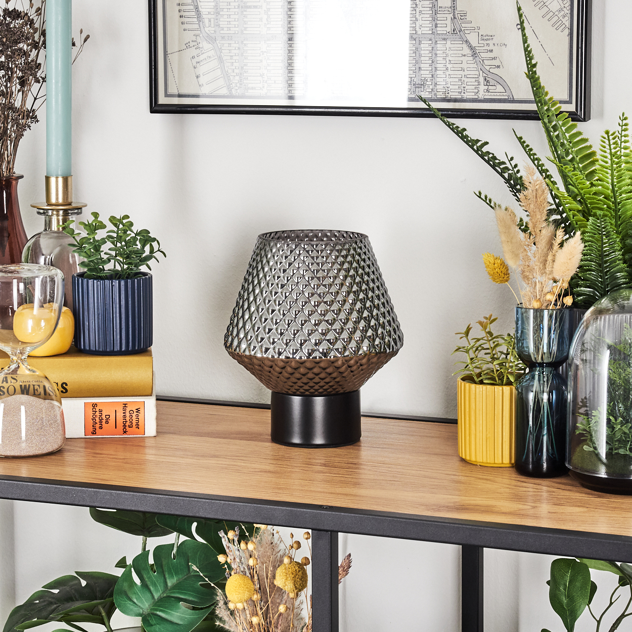 Ein Regal mit einer dekorativen Lampe, Pflanzen, Büchern und einer Karte. Die Lampe ist der Mittelpunkt. Pflanzen stehen in Vasen und Töpfen.