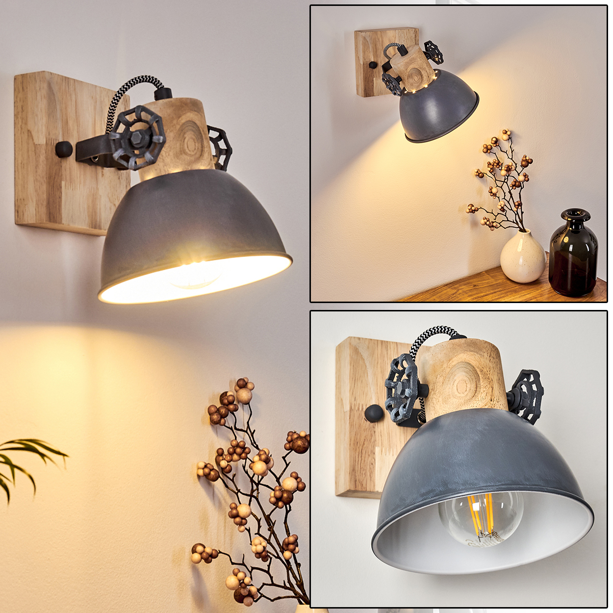 Eine Wandlampe mit grauem Lampenschirm ist auf einer Holzplatte montiert. Die Lampe ist eingeschaltet und das Licht beleuchtet die Szene.