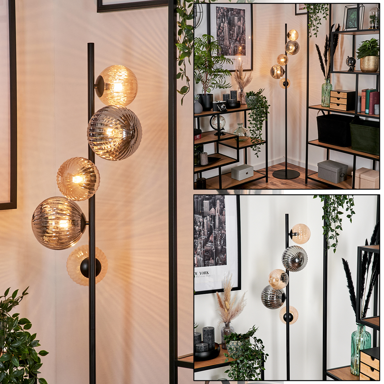 Eine moderne Stehlampe mit Glaskugel-Schirmen. Die Lampe steht in der Nähe eines Regals mit Pflanzen und Dekorationen sowie einem gerahmten Bild.