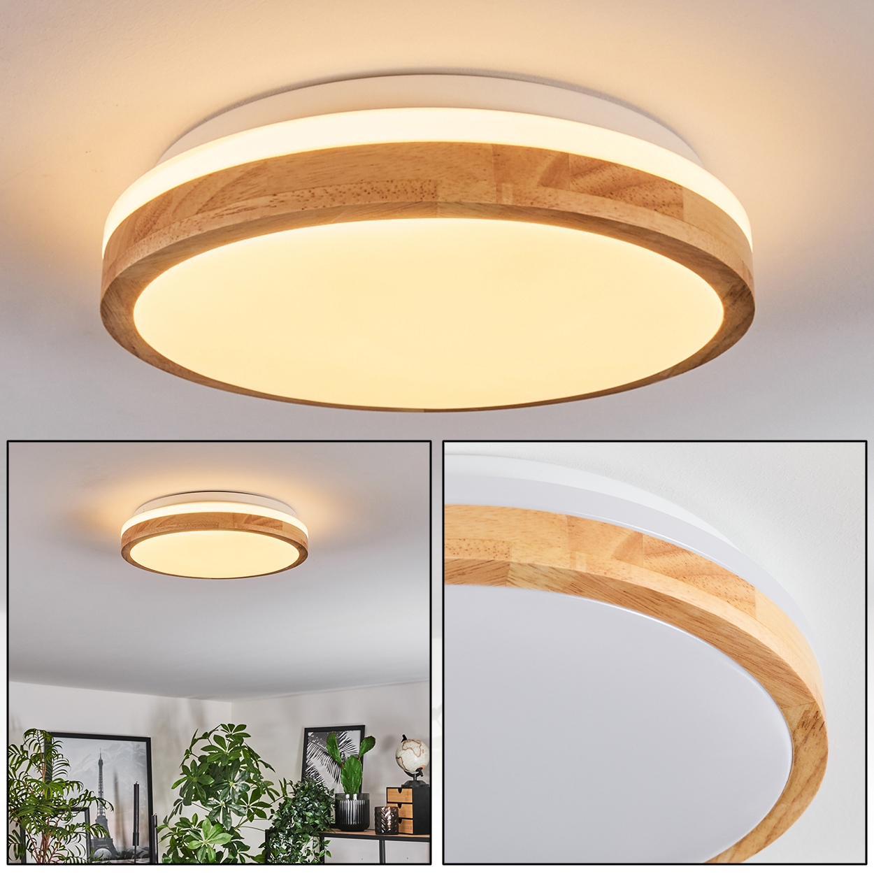 Eine runde Deckenleuchte mit Holz- und weißen Akzenten. Das Licht ist eingeschaltet. Eine Nahaufnahme zeigt Details der Leuchte.