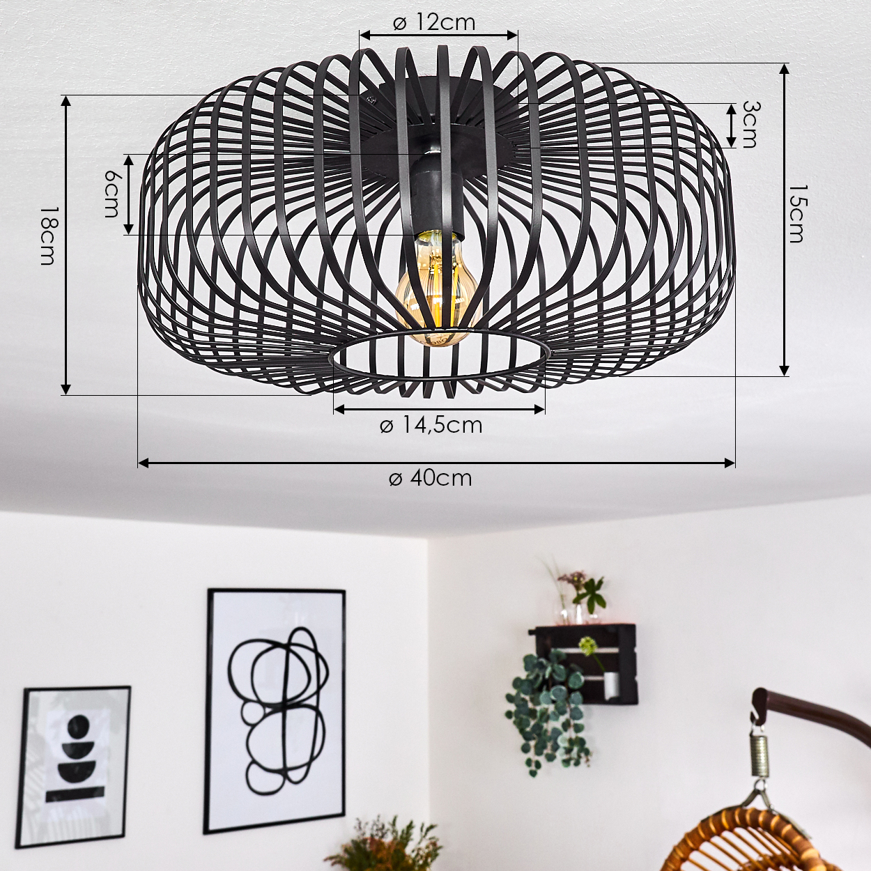 Schwarze, käfigartige Deckenlampe mit sichtbarer Glühbirne. Abmessungen sind beschriftet. Kunstwerke und Dekoration sind im Hintergrund sichtbar.