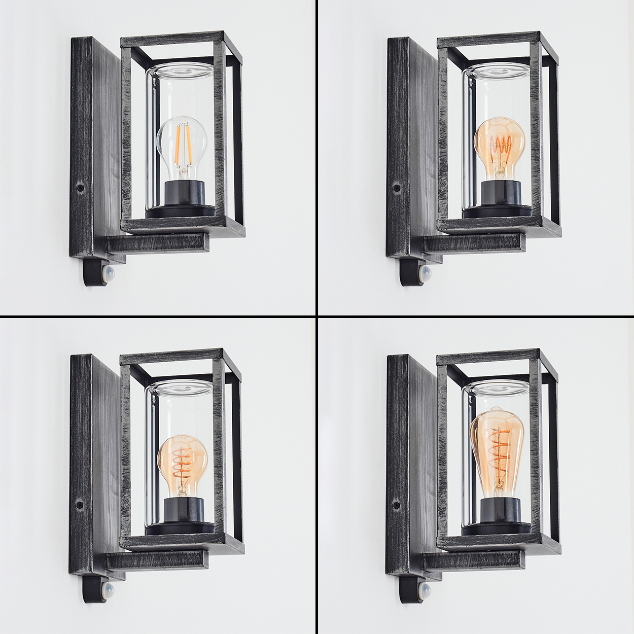 Vier Wandlampen mit verschiedenen Glühbirnen. Jede Lampe hat einen schwarzen Rahmen, ein klares Glas und einen silbernen Sockel, alles an einer weißen Wand.