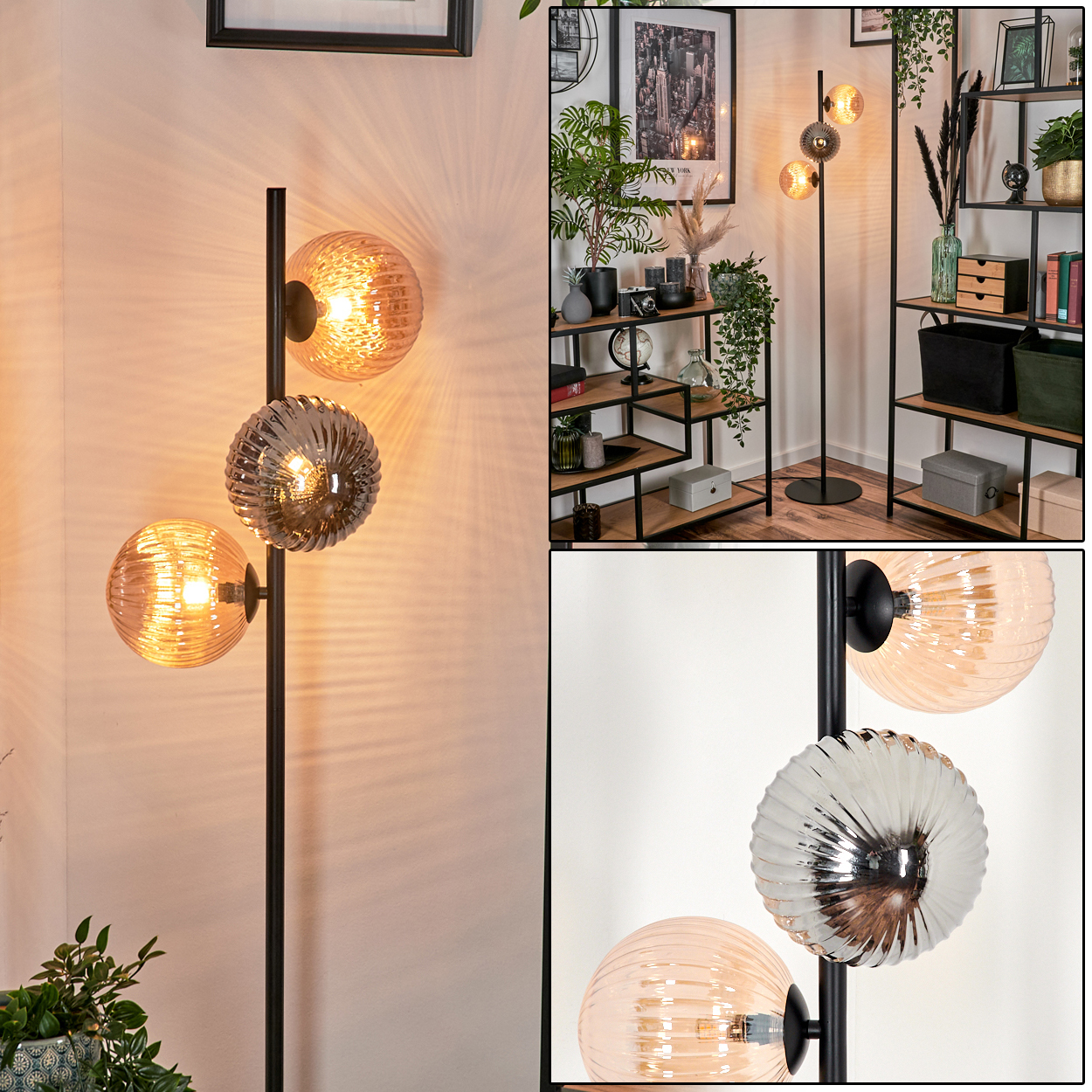 Eine Stehlampe mit drei Glaskugeln und einem schwarzen Metallrahmen. Im Hintergrund Regale mit Dekoration.