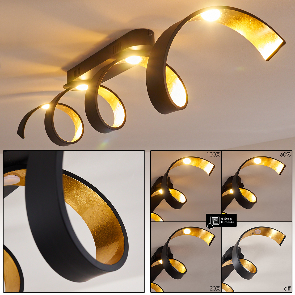 Schwarze und goldene Deckenleuchte. Verfügt über ein wirbelndes Design mit integrierten Lichtern. Enthält Dimmeinstellungen von 100% bis aus.