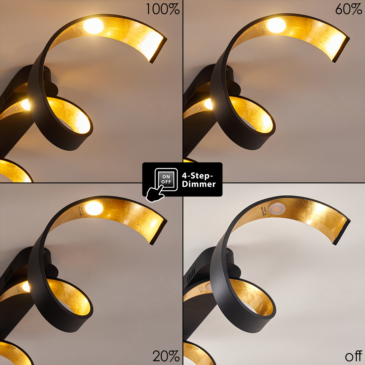 Vier Bilder einer schwarz-goldenen Wandleuchte mit unterschiedlichen Lichtintensitäten (100 %, 60 %, 20 %, aus). Ein Dimmschalter ist in der Mitte.