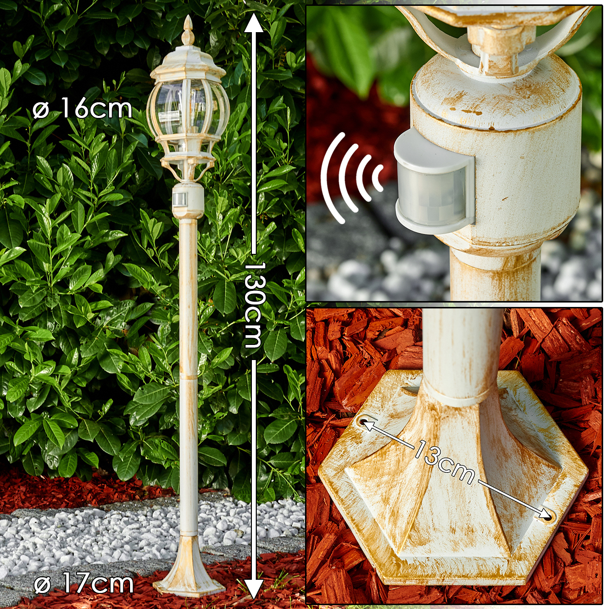 Eine cremefarbene Außenlampe mit Glaskugel, 130 cm hoch. Sie hat einen Bewegungssensor. Der Sockel steht auf roter Mulche, dahinter ein grüner Busch.