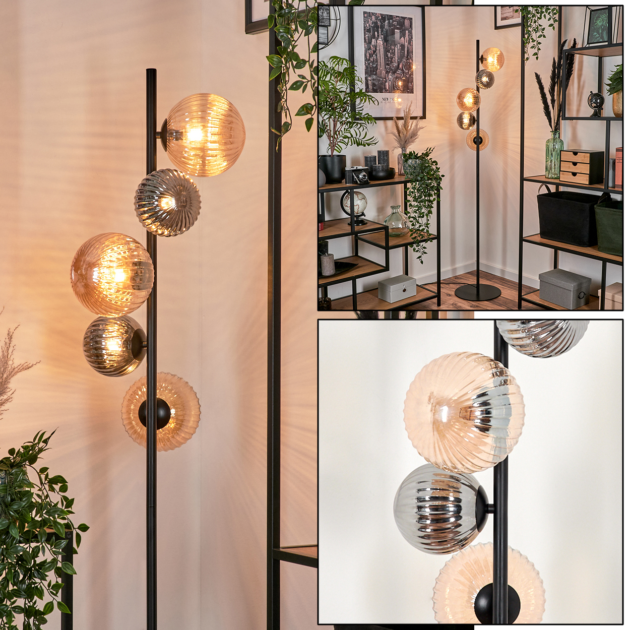 Eine Stehlampe mit Glaskugelschirmen. Ein Zimmer hat ein Regal mit Dekor. Pflanzen und ein schwarzer Rahmen sind sichtbar.