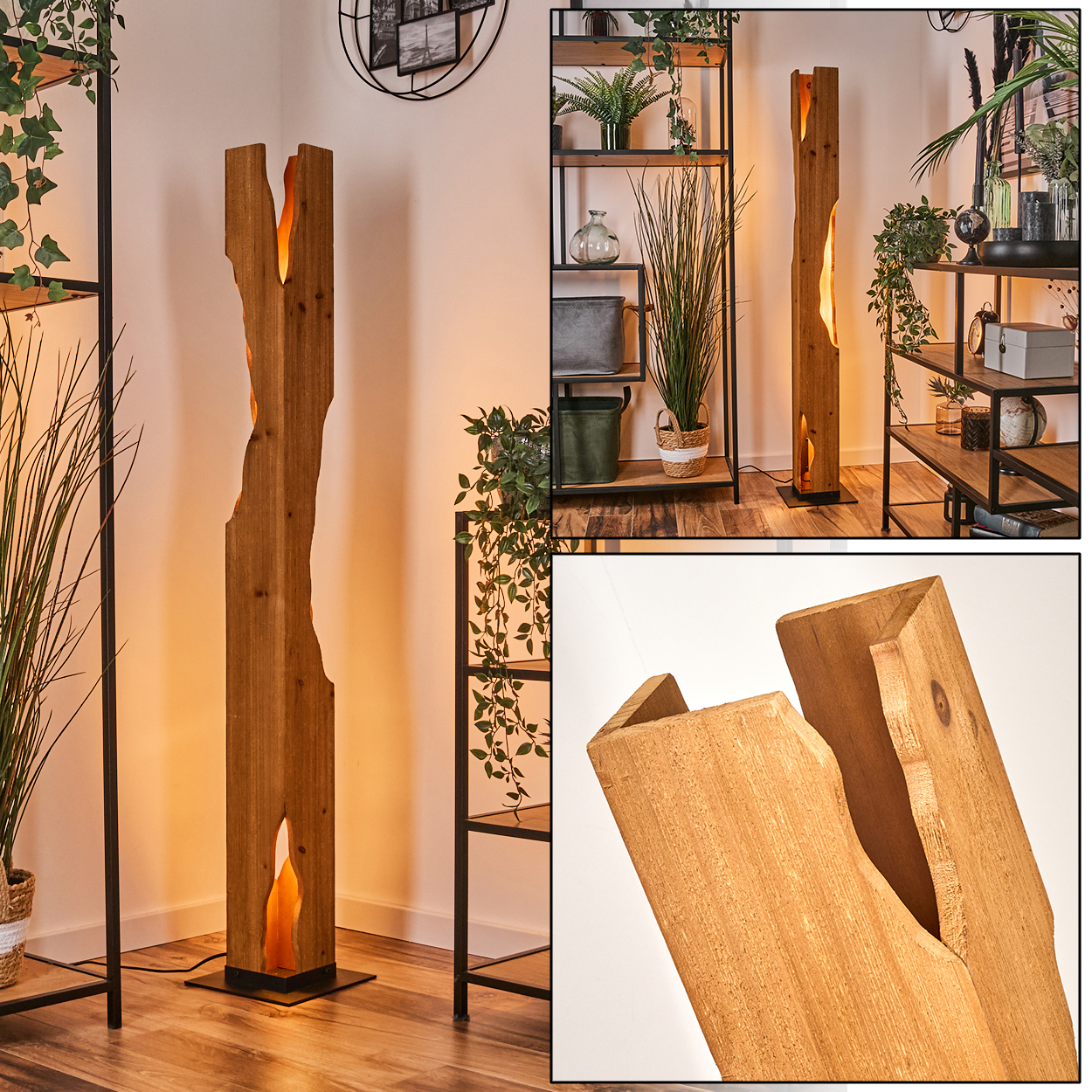 Eine Holz-Stehlampe mit einzigartigem Design. Sie hat eine hohe, unregelmäßige Form mit Licht, das von innen kommt. Im Hintergrund sind Regale und Pflanzen.