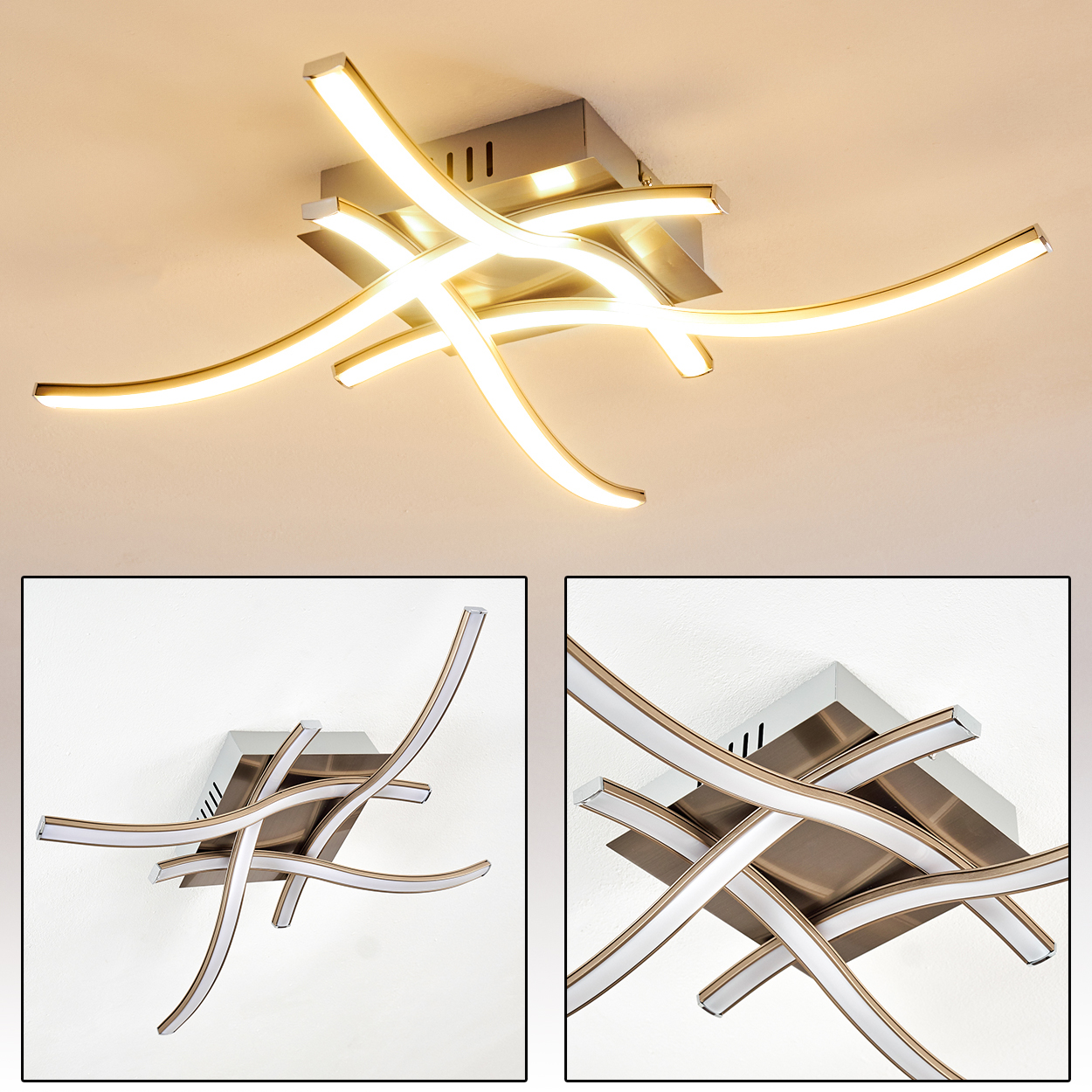 Moderne Deckenleuchte mit geschwungenen, goldfarbenen Armen und hellweißen LED-Leuchten. Die Leuchte ist an einer weißen Decke befestigt.