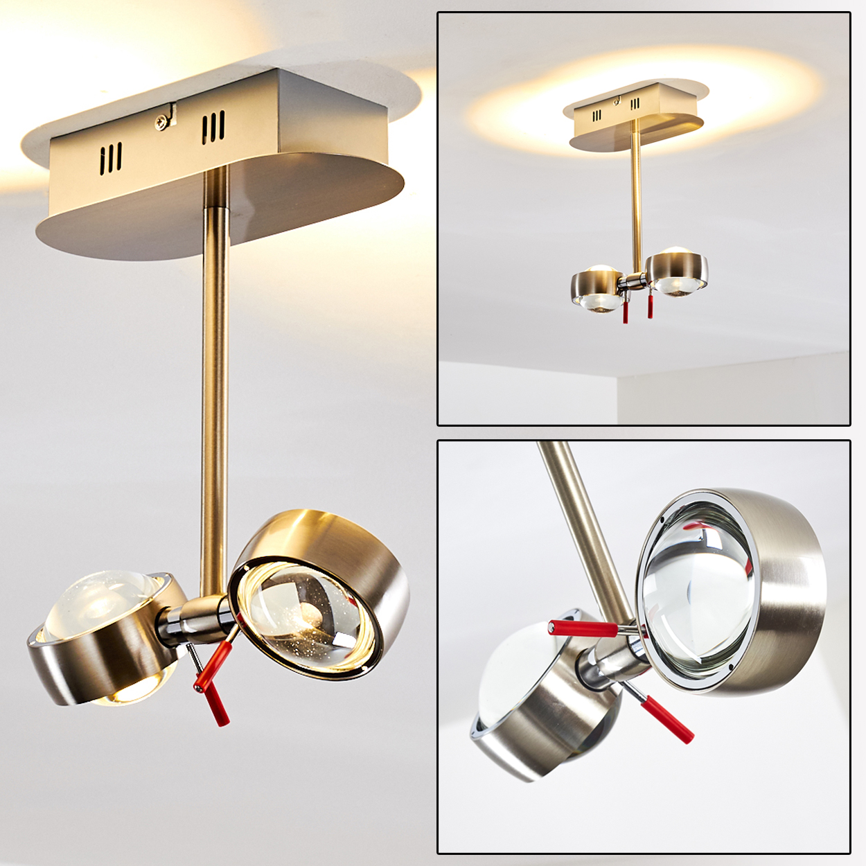 Eine moderne Deckenlampe mit Messing-Finish. Sie hat zwei Spots, verstellbar mit roten Griffen, und eine rechteckige Basis.