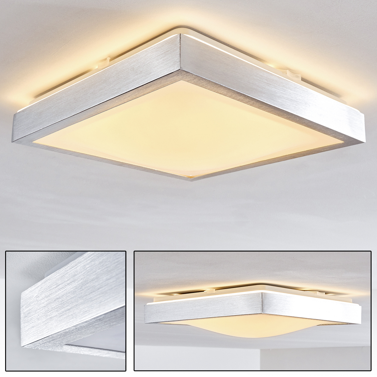 Eine quadratische Deckenleuchte mit silbernem Rahmen und milchig weißem Lichtpanel. Das Licht ist an und beleuchtet den Raum.