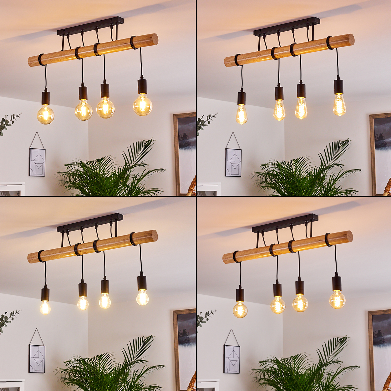 Vier-Panel-Bild zeigt eine Deckenleuchte mit Holzbalken und vier Glühbirnen. Das Licht befindet sich über einer Pflanze und gerahmten Bildern.