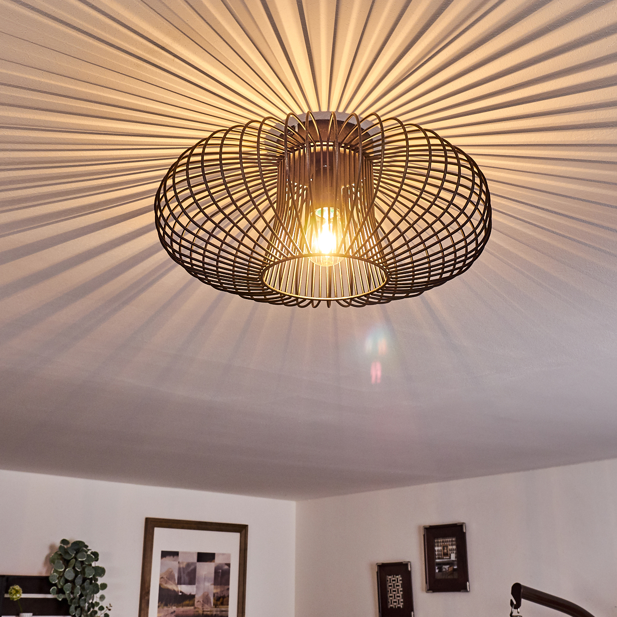 Eine schwarze Drahtrahmen-Pendelleuchte wirft radiale Schatten auf die weiße Decke. Im Inneren der Lampe ist eine leuchtende Glühbirne zu sehen.
