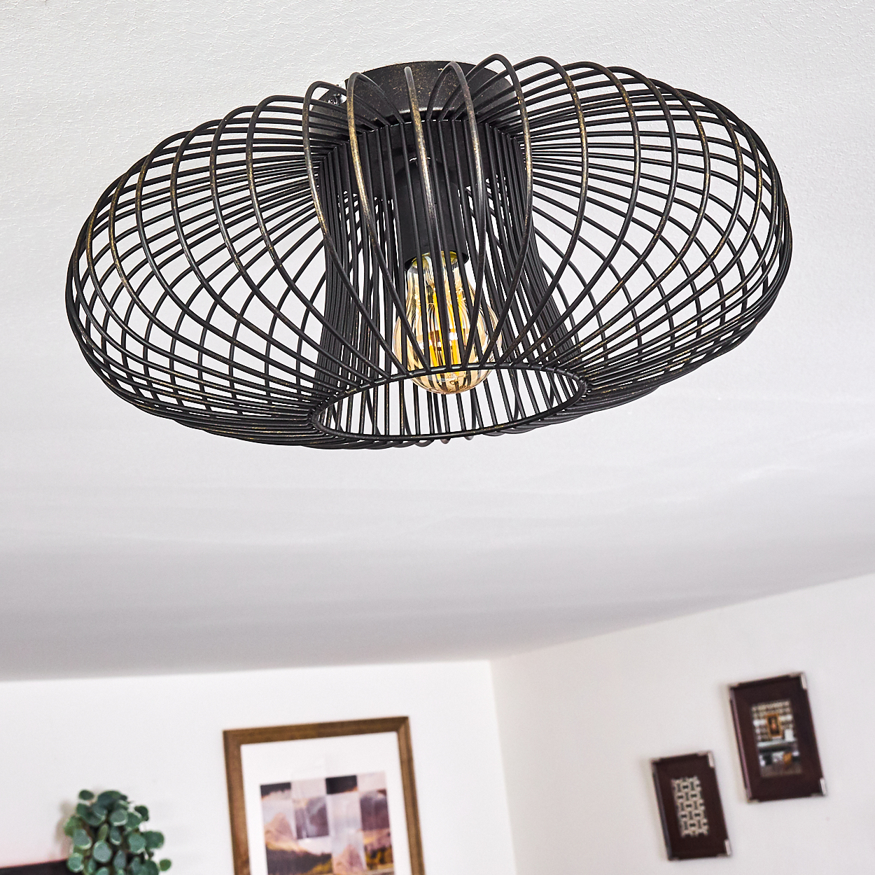 Eine schwarze Drahtrahmen-Deckenleuchte mit sichtbarer Glühbirne vor weißer Decke. Bilder hängen an der weißen Wand darunter.