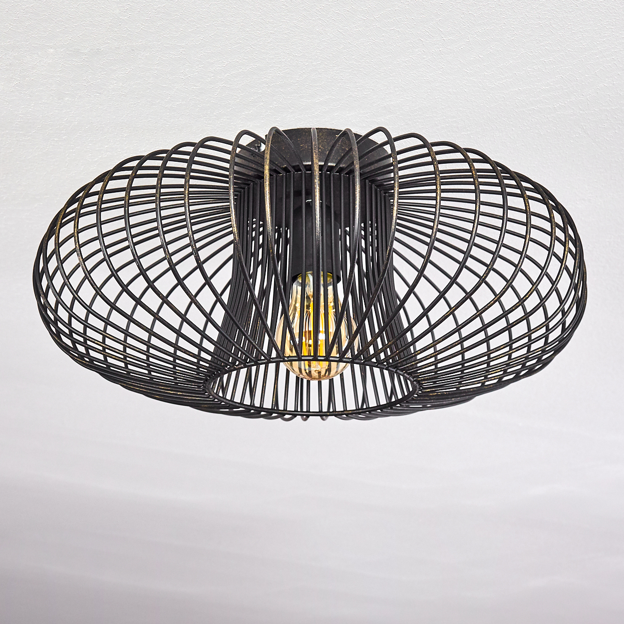 Eine schwarze Deckenlampe aus Metall mit einem käfigartigen Design. Die Lampe hat eine sichtbare Glühbirne. Sie ist vor weißem Hintergrund.