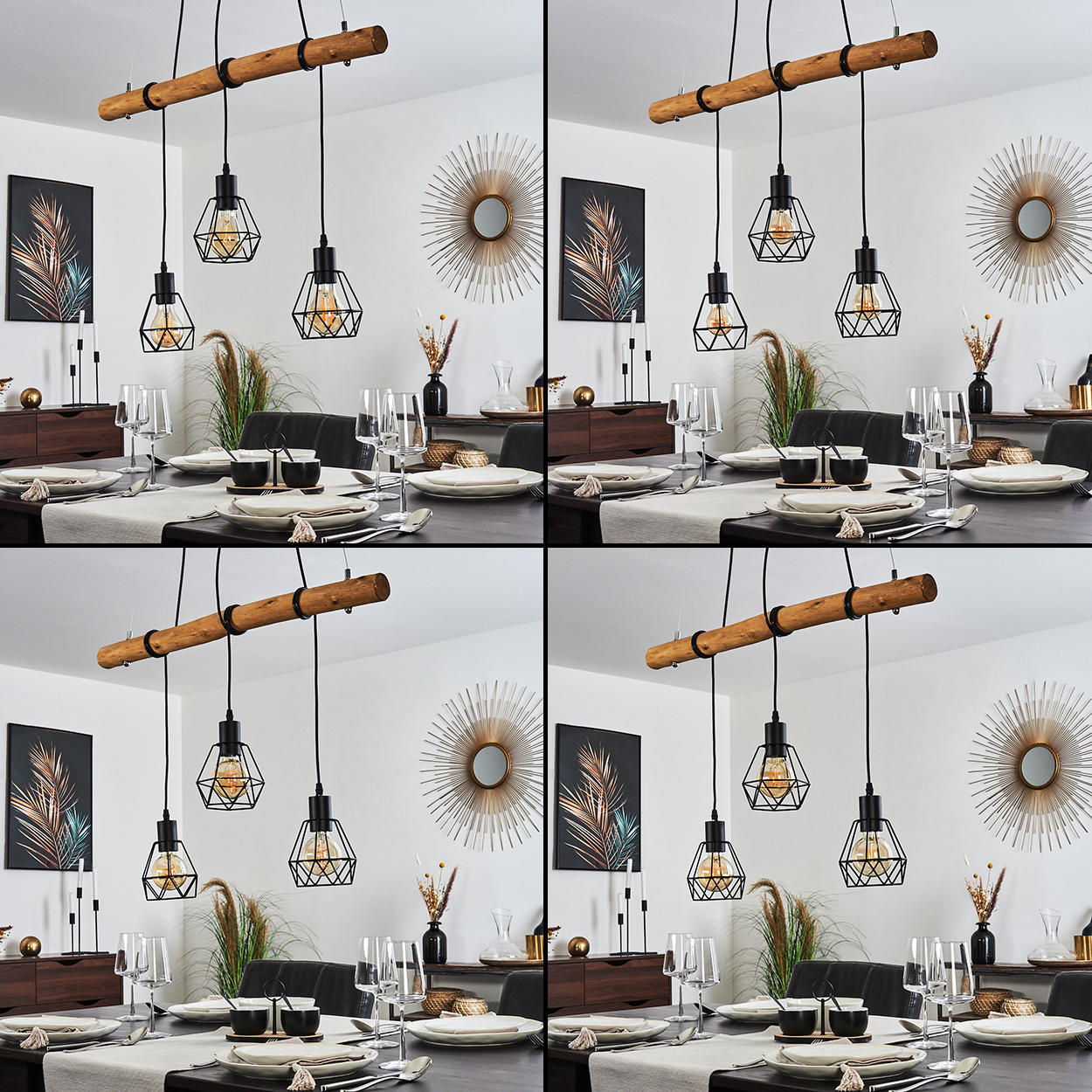 Esszimmer mit gedecktem Tisch. Schwarze Pendelleuchten hängen darüber. Kunst und ein sternförmiger Spiegel schmücken die weiße Wand.