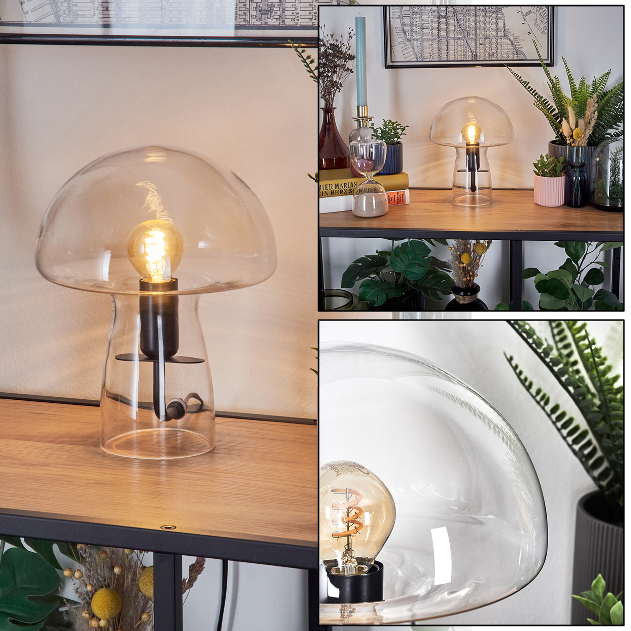 Eine pilzförmige Lampe mit einer leuchtenden Glühbirne auf einem Holzregal. Weitere Dekorationsartikel, darunter Pflanzen, Kerzen und Bücher, sind sichtbar.
