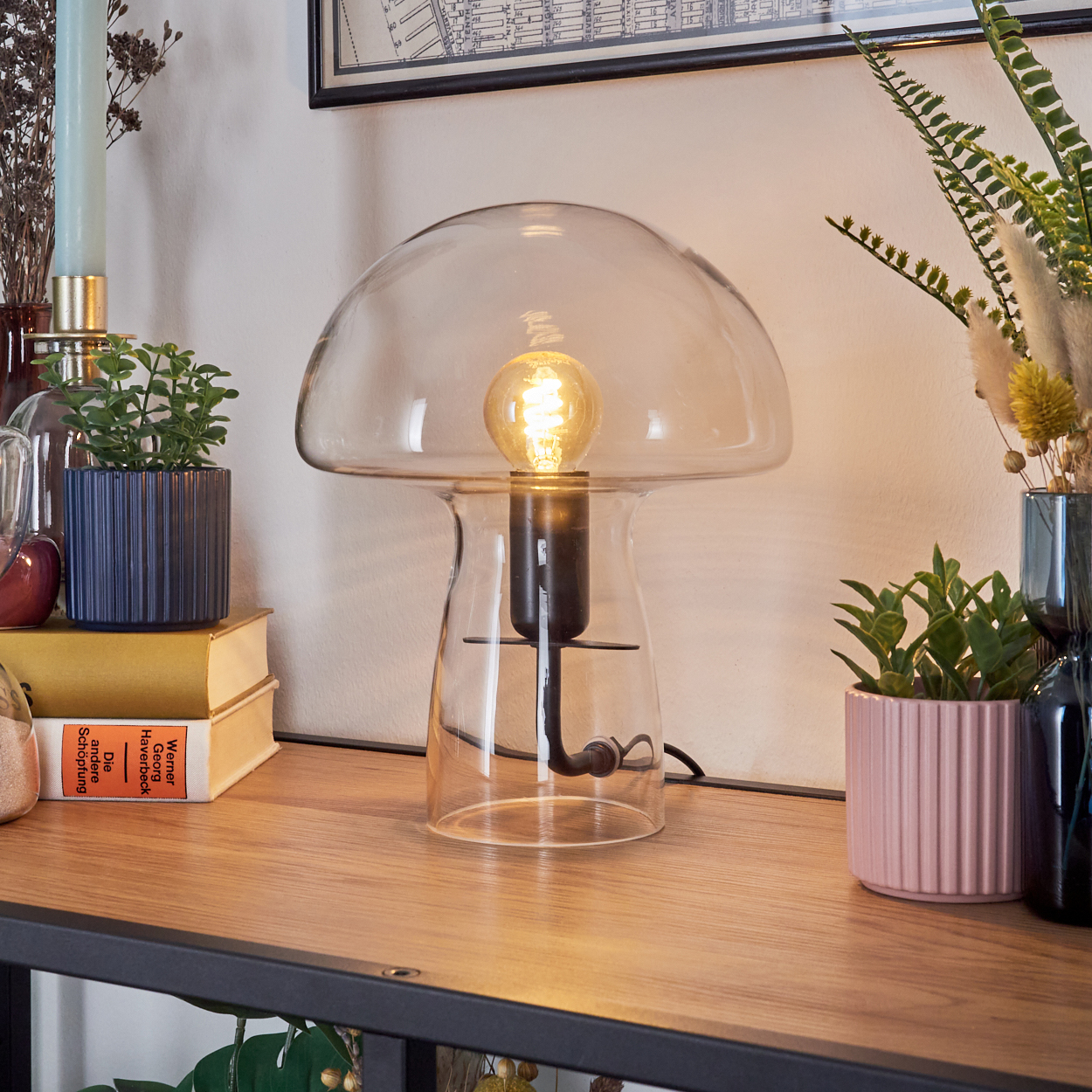 Eine pilzförmige Lampe mit leuchtender Glühbirne steht auf einem Holzregal. Pflanzen in Töpfen und Bücher umgeben sie. Im Hintergrund ist eine Karte zu sehen.