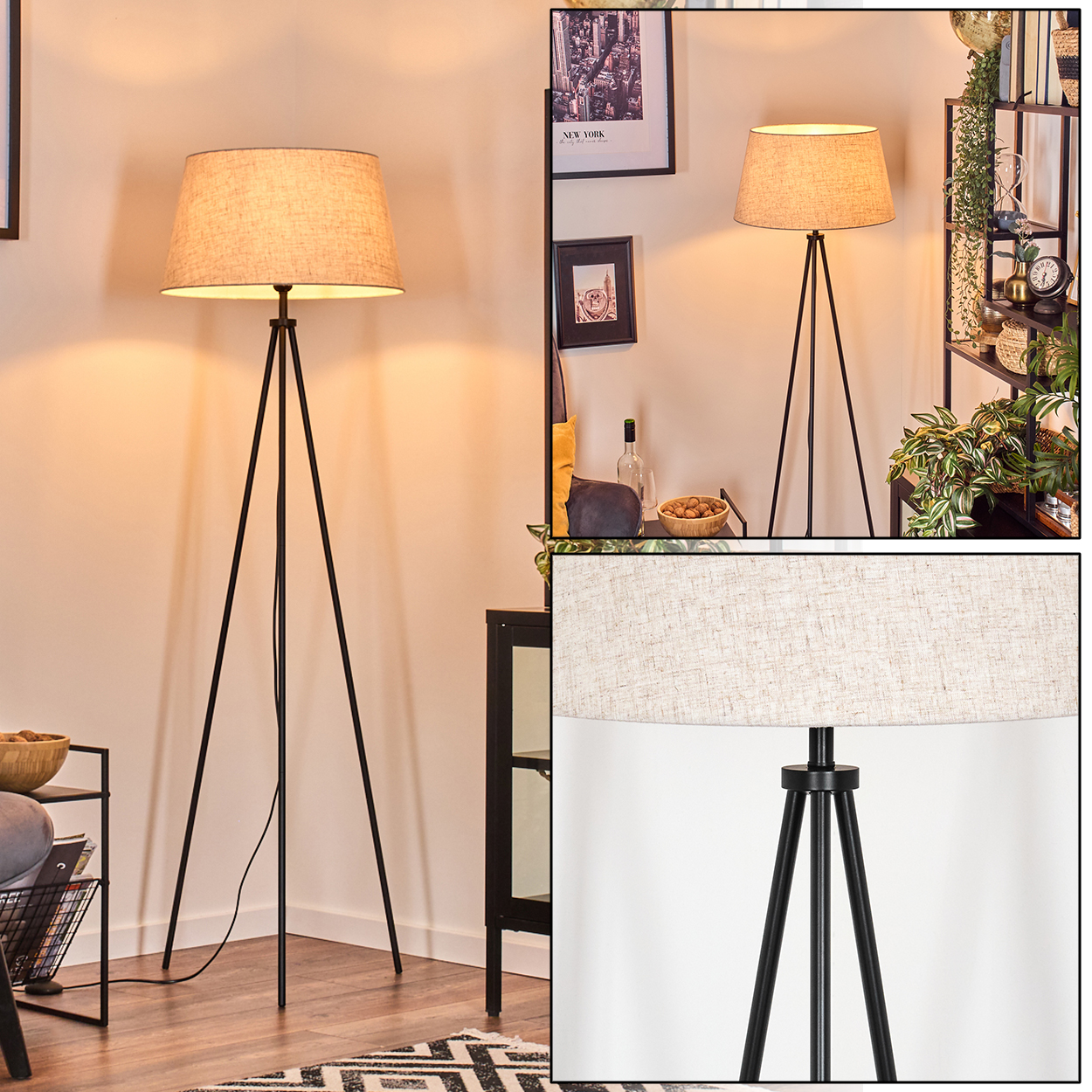 Beigefarbener Lampenschirm auf schwarzen Stativbeinen. Die Lampe steht in einem Raum mit Dekoration.