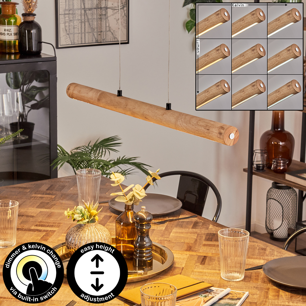 Eine rechteckige Holzleuchte hängt über einem Tisch. Ein Dimmschalter und Symbole zur Höhenverstellung sind im Vordergrund.