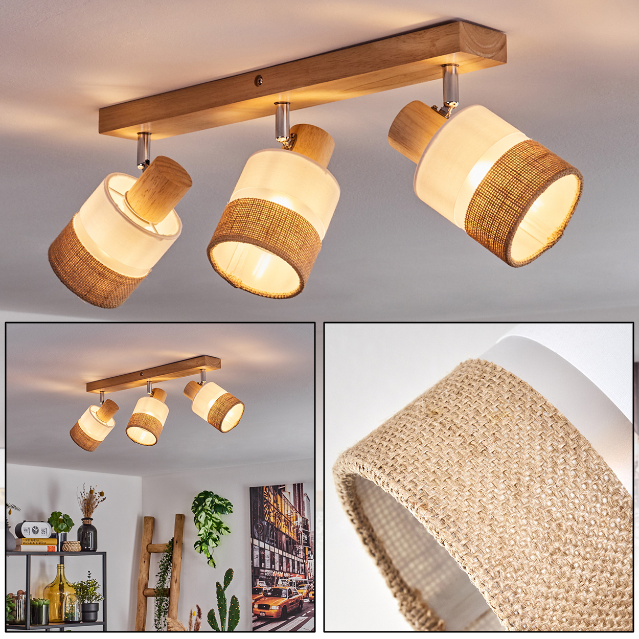 Eine Deckenleuchte aus Holz mit drei Strahlern, jeder mit einem Lampenschirm aus Jute und Holzakzenten. Der Hintergrund ist eine weiße Decke.