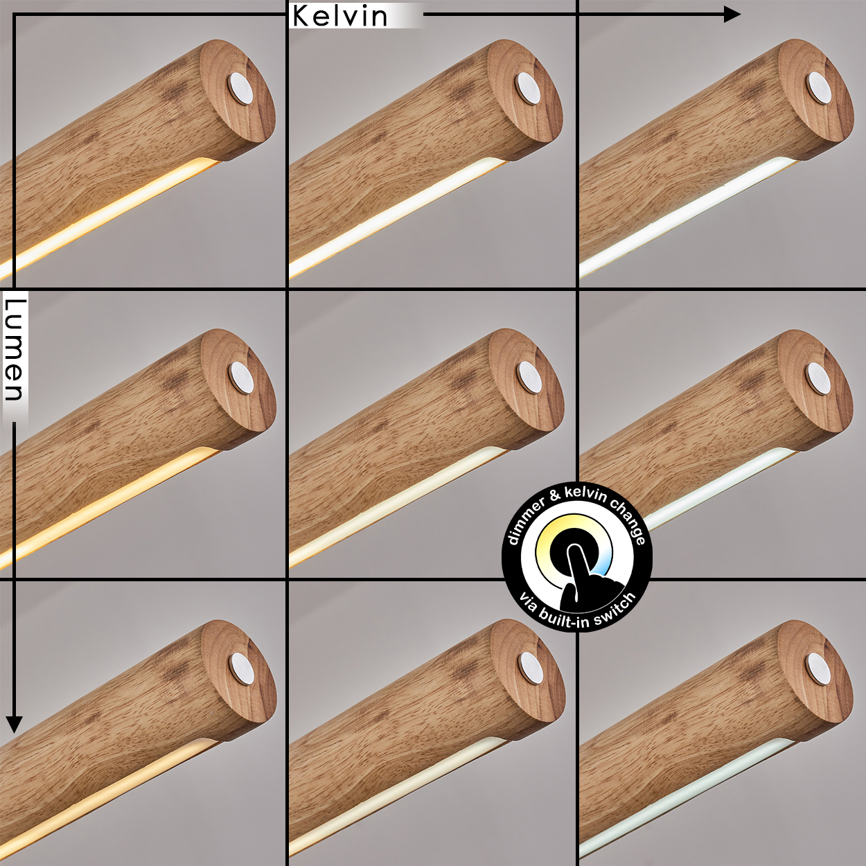 Neun Holzlampen mit unterschiedlicher Lichtintensität und Farbtemperatur. Dimmer- und Kelvin-Änderung über einen eingebauten Schalter.
