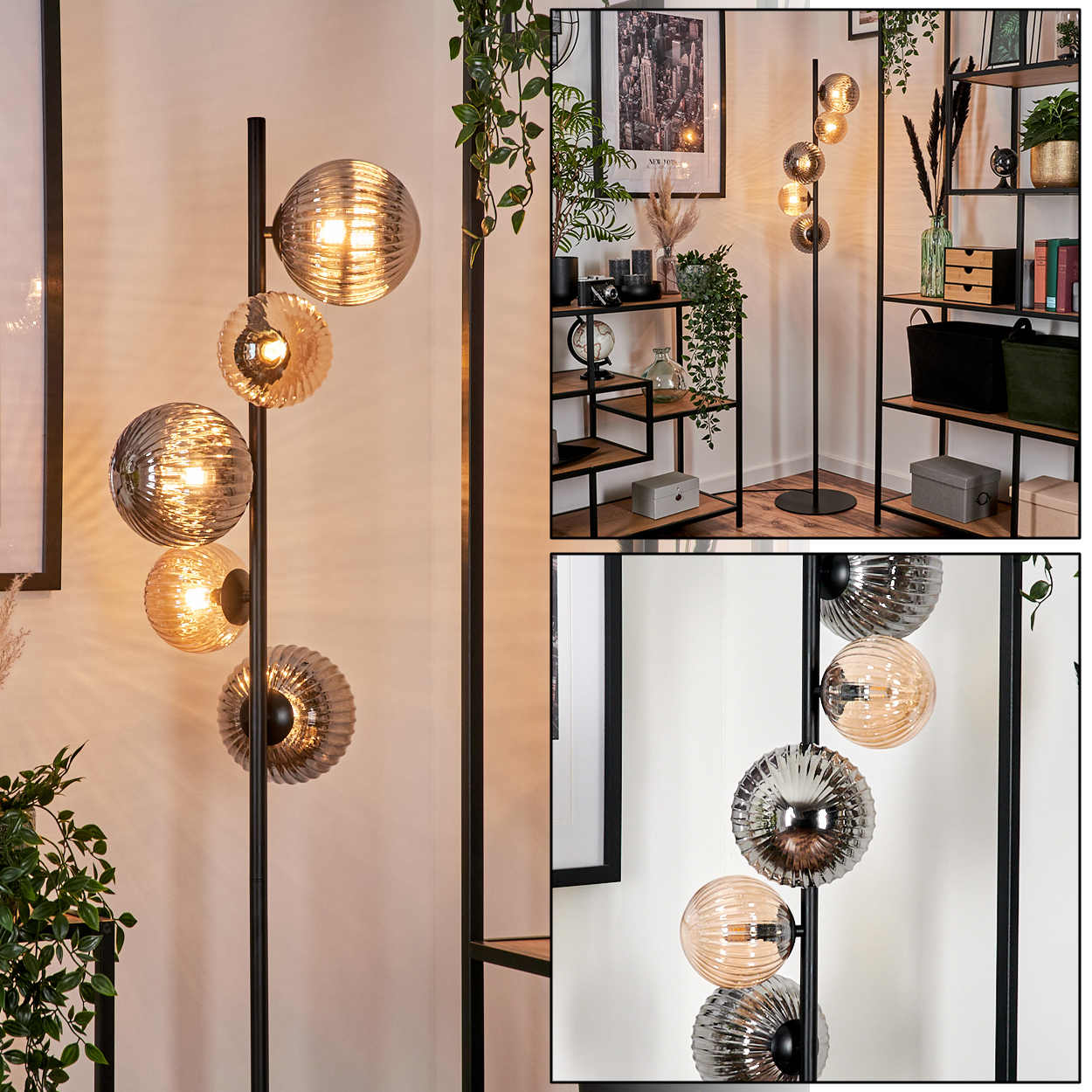 Eine hohe schwarze Lampe mit fünf runden, strukturierten Glasschirmen in verschiedenen Bernstein- und Grautönen steht in einem Raum.