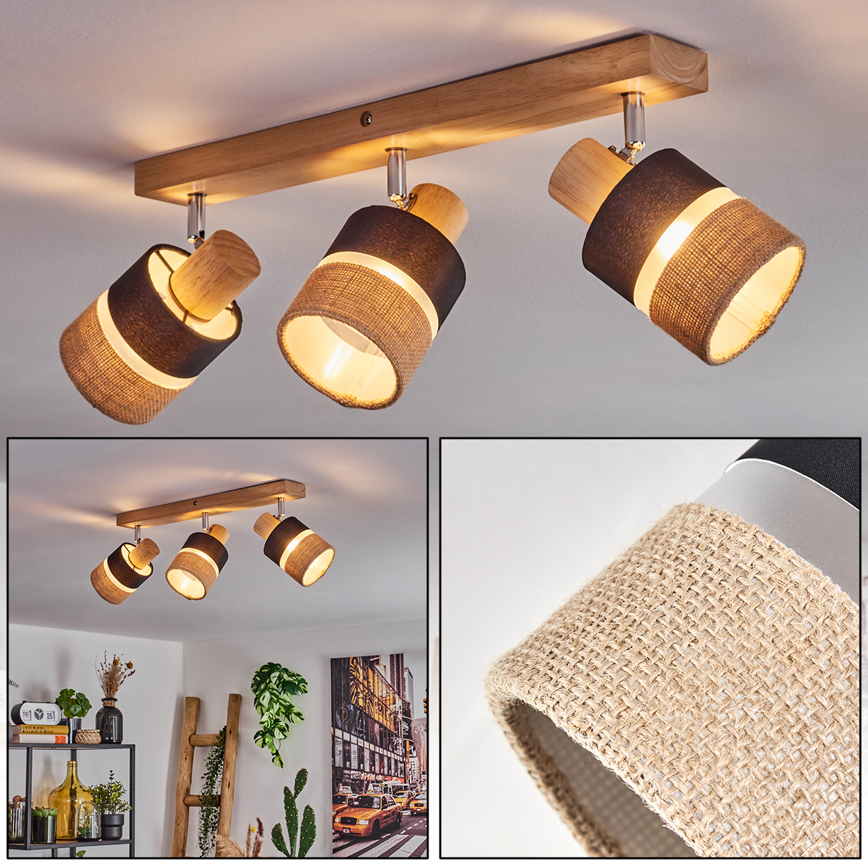 Deckenstrahler mit drei Lampen. Jede hat einen dunklen Schirm, einen hellfarbigen Schirm und einen Holzakzent, montiert auf einem Holzbalken.