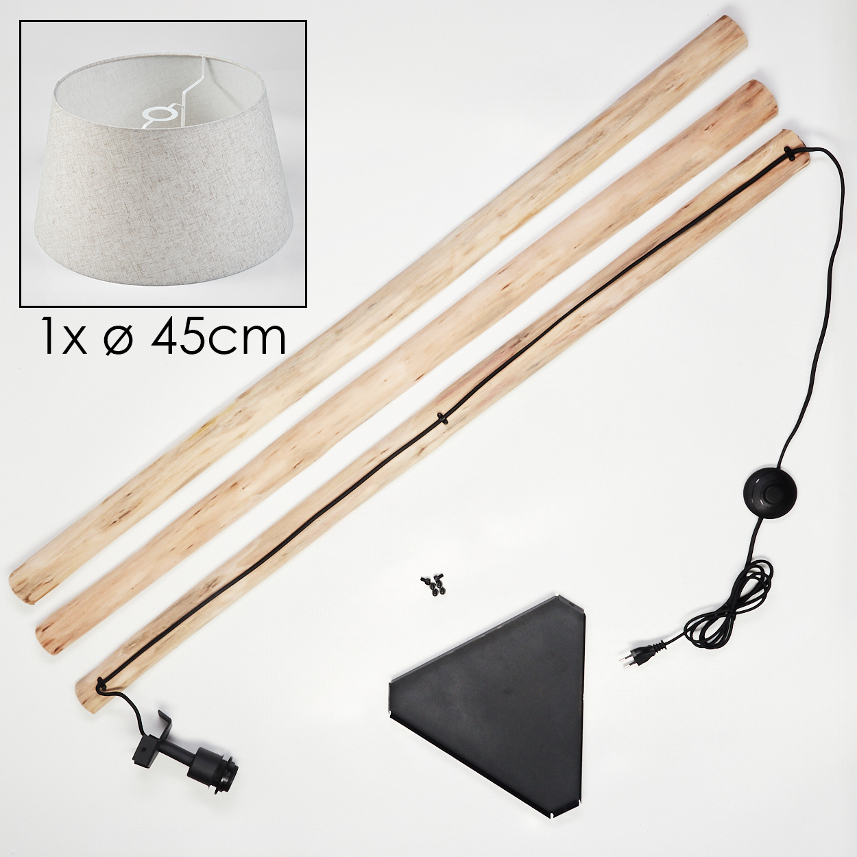 Lampenteile: Lampenschirm, Holzstangen, schwarzes Kabel, Fuß, Schrauben und Fußschalter.