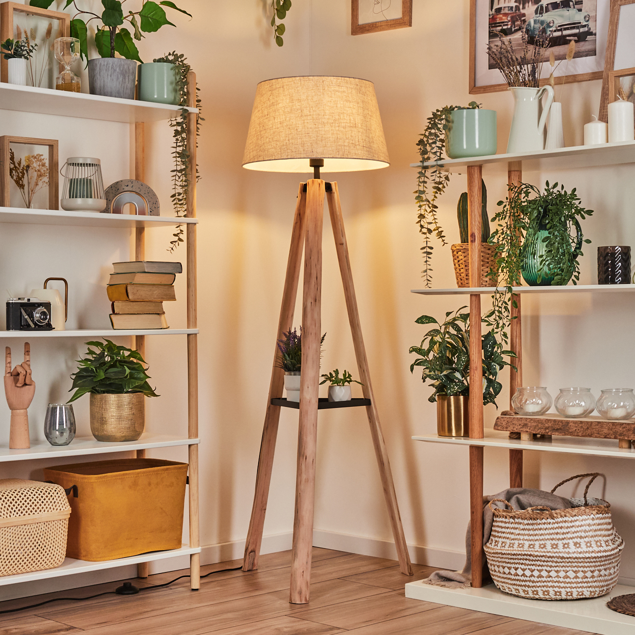 Ein Raum mit weißen Regalen voller Pflanzen, Bücher und Dekorationsgegenstände. In der Mitte steht eine Stehlampe aus Holz.