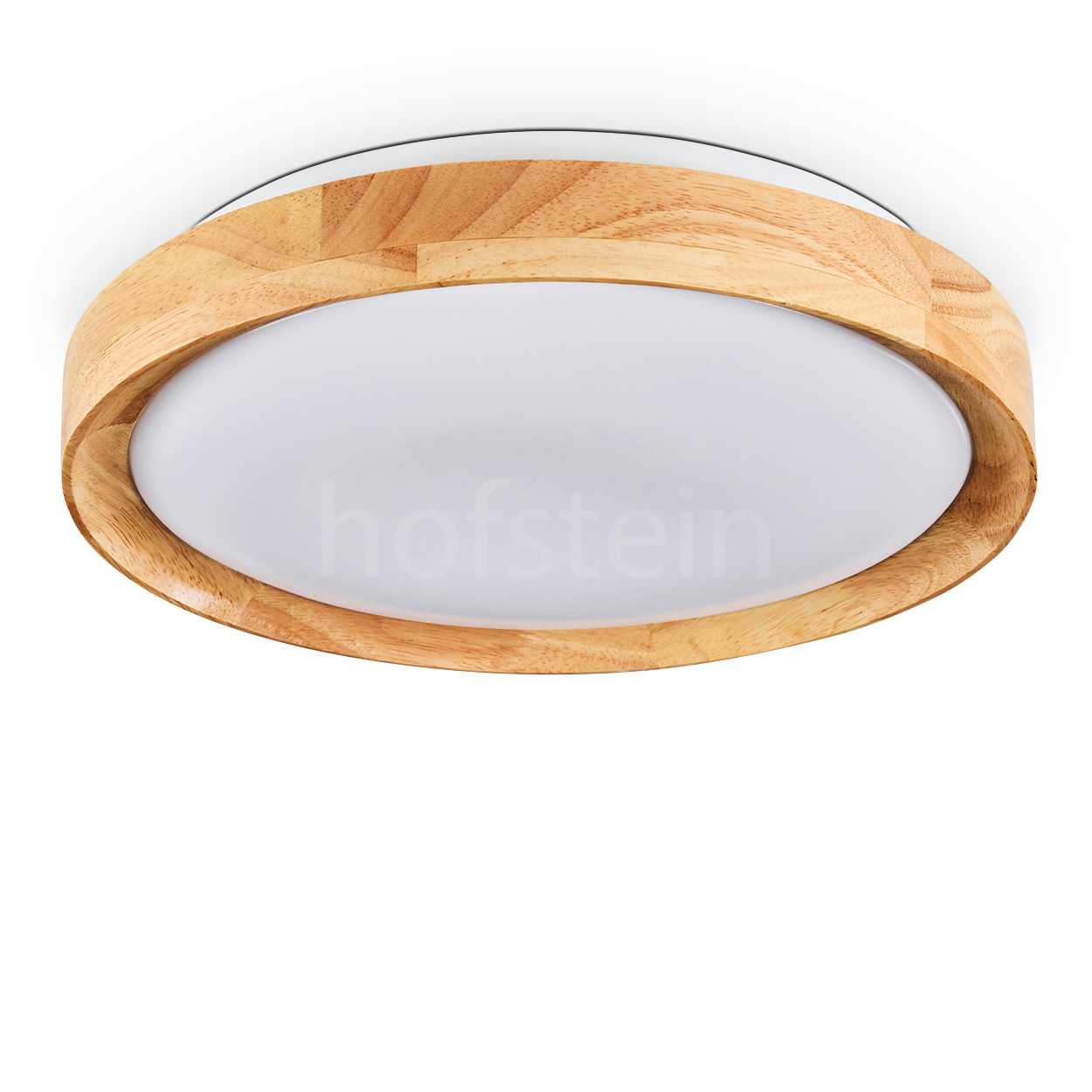 Eine runde Deckenlampe mit Holzrahmen und weißem, mattiertem Mittelteil. Der Hintergrund ist weiß.