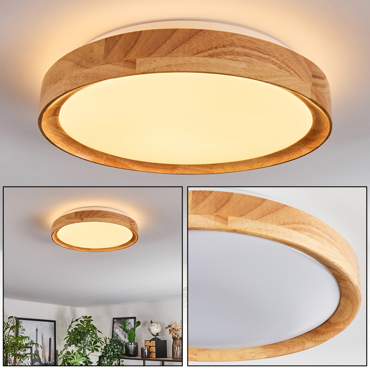 Eine runde Deckenlampe aus Holz mit weißem Licht. Die Lampe hat ein Holzmaserungsmuster. Im Hintergrund ein Raum mit Pflanzen und Dekorationen.