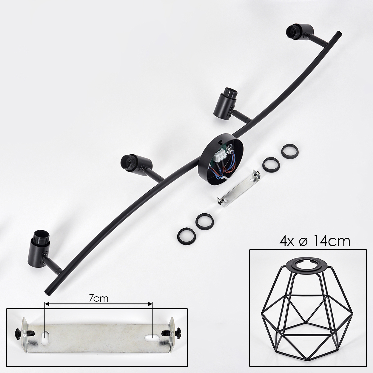 Schwarze Deckenlampenteile auf Weiß. Enthält Lampenarme, Schirm, Metallhalterung und einen geometrischen Lampenschirm. Abmessungen werden auch angezeigt.