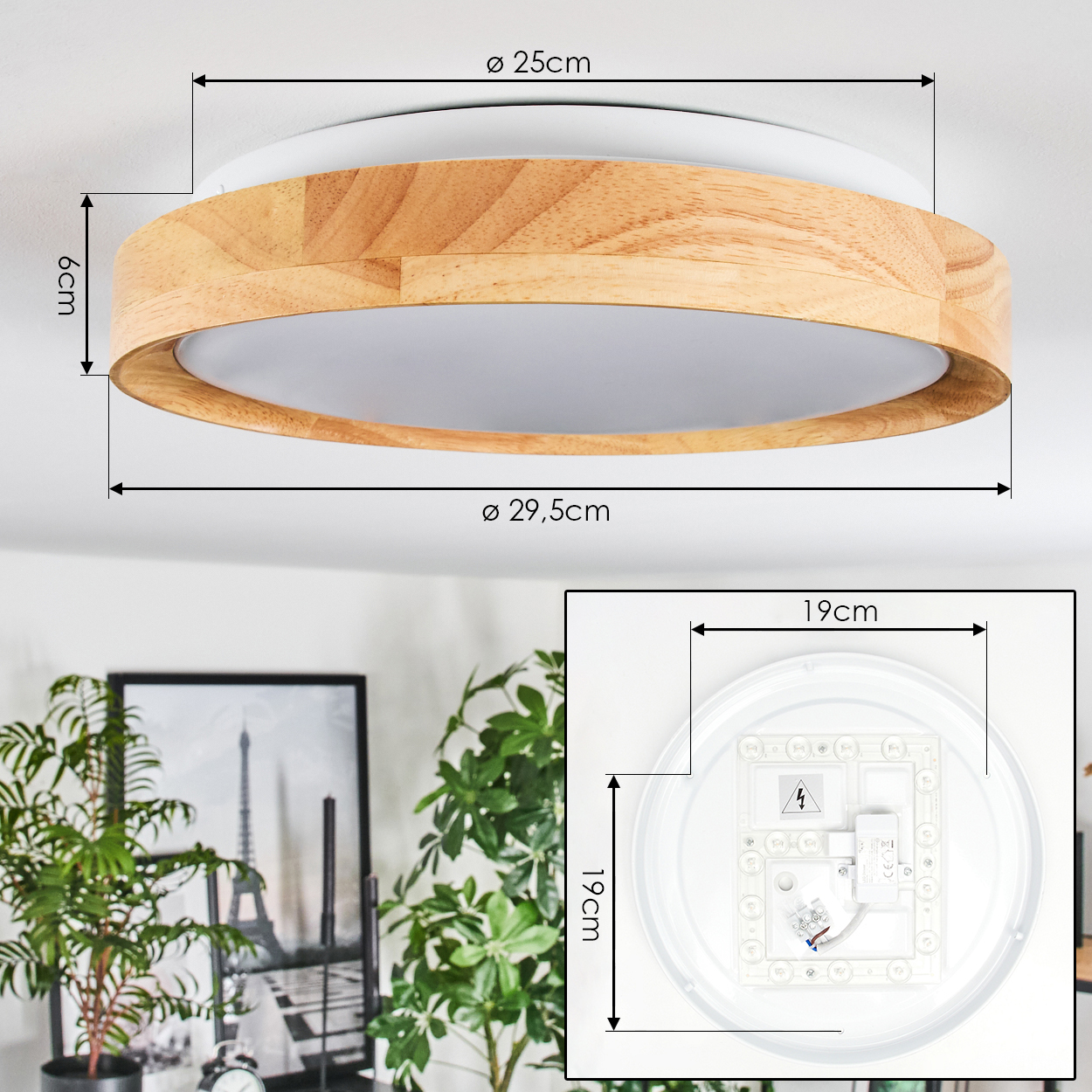 Eine kreisförmige Deckenlampe mit Holzrahmen und weißem Licht. Maße sind mit Etiketten angegeben. Pflanzen und Bild im Hintergrund.