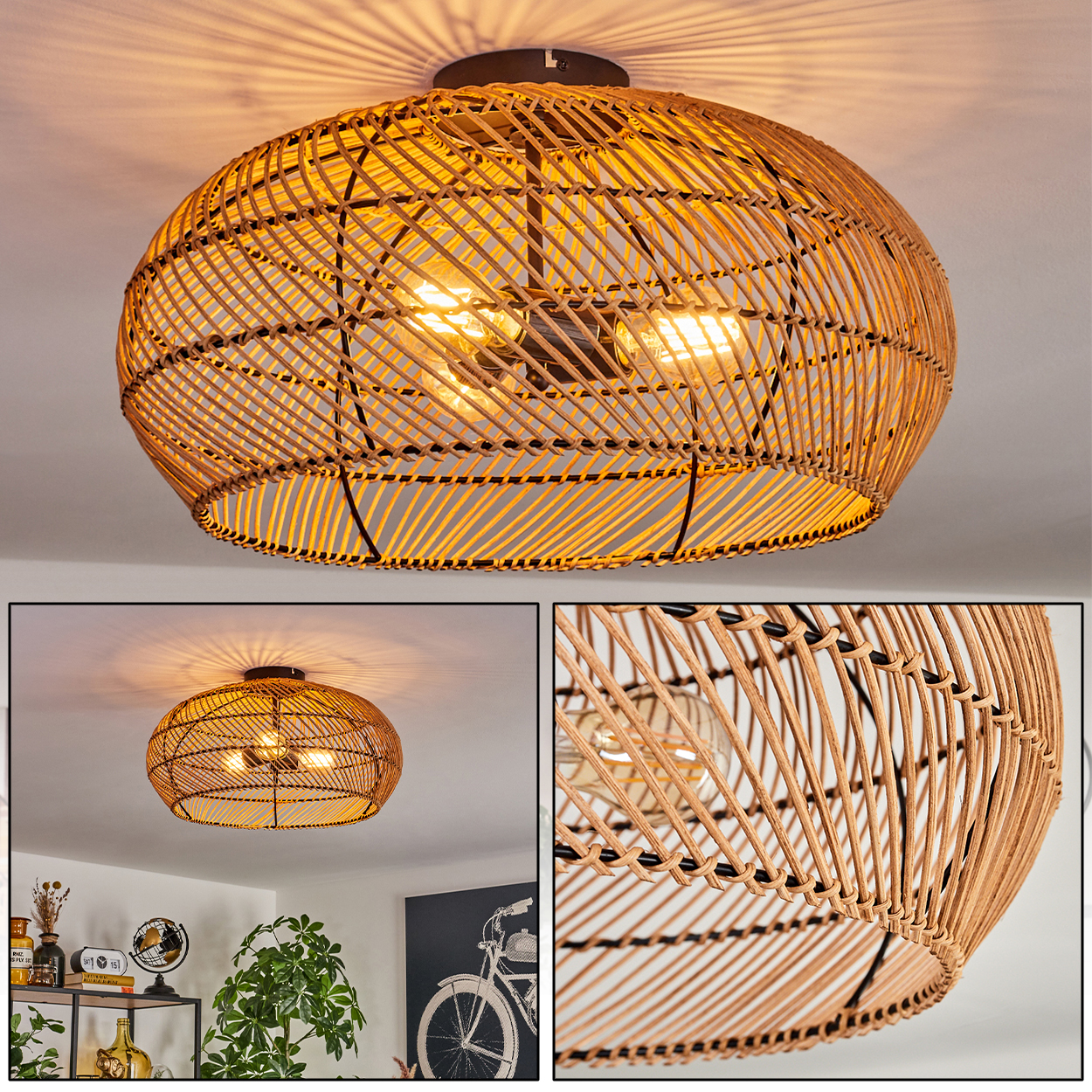 Eine Deckenlampe aus gewebtem Rattan mit drei Glühbirnen. Die Lampe ist rund und hängt an einer dunklen, kreisförmigen Basis.