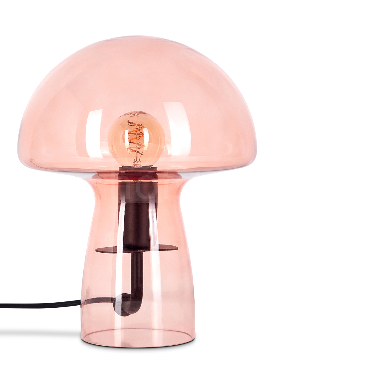 Eine pilzförmige Tischlampe. Sie hat einen rosafarbenen Glasschirm mit einer Glühbirne. Der Sockel ist schwarz, der Hintergrund weiß.