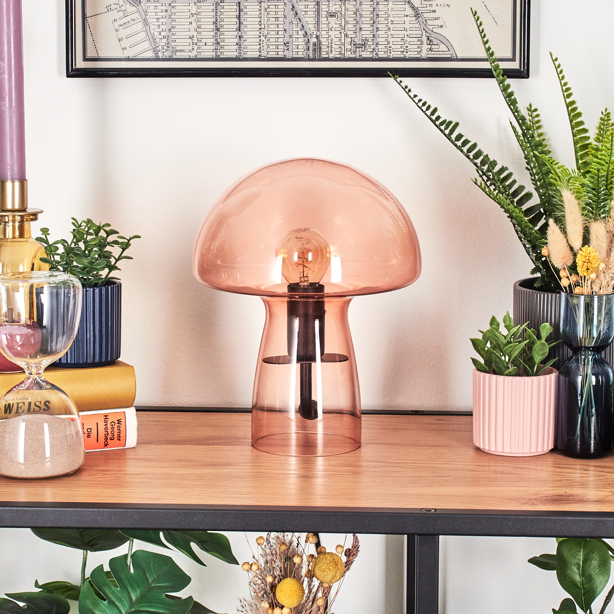 Eine pilzförmige Lampe, Pflanzen, Bücher und eine Karte stehen auf einem Holzregal. Die Lampe ist rosa und es gibt verschiedene Dekorationsartikel.